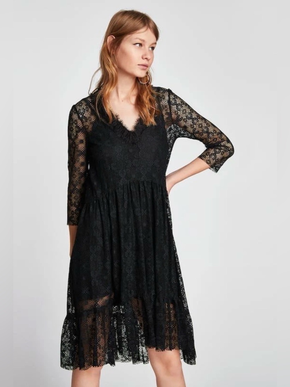 Zara Women Black V-Neck Lace Dress Size XS
